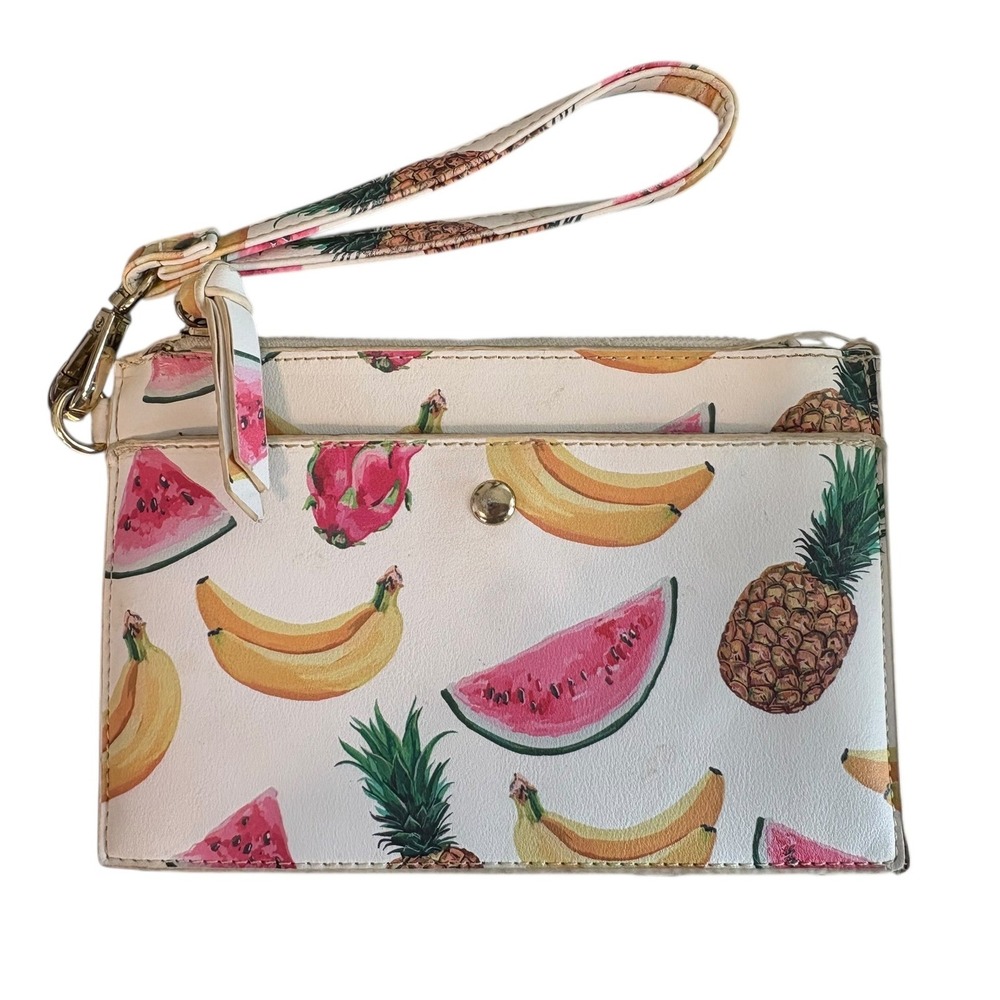 Charming‎ Charlie Fruit Print Wristlet Clutch White Watermelon Pineapple Banana